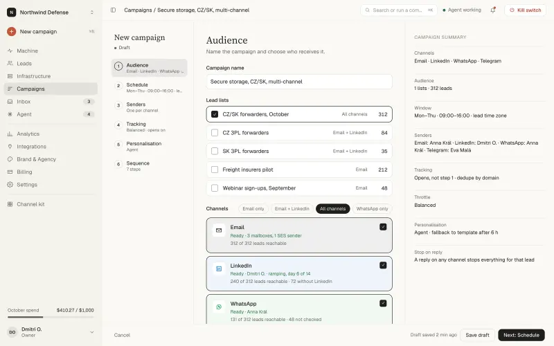 Dooxout console, New campaign wizard, Audience step: lead lists to choose from, channel options for email, LinkedIn and WhatsApp with how many leads each can reach, and a campaign summary panel.