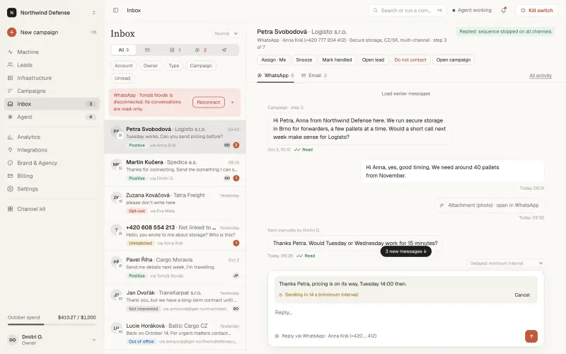 Dooxout console, Inbox: a list of replies from several channels labelled Positive, Opt-out, Unmatched or Out of office, and an open WhatsApp and email conversation with a reply being sent.