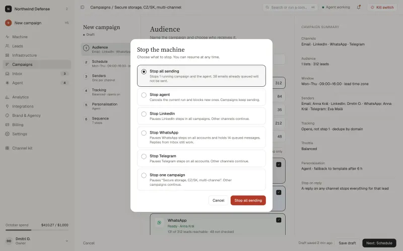 Dooxout console: the Stop the machine dialog with options to stop all sending, the agent, one channel or a single campaign.