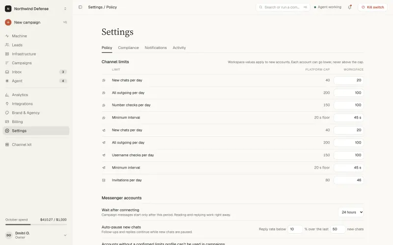 Dooxout console, Settings, Policy tab: a table of channel limits per day for WhatsApp, Telegram and LinkedIn, each with a platform cap and a lower workspace value.